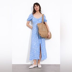 & Other Stories Blue Floral Flowy Puff Sleeve Midi Dress, Size 38
